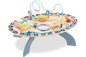 Table D'activités Educatives en bois pour enfants à partir de 6 mois - Table Interactive Sensorielle: cymbales, tambour, labyrinthe, animaux