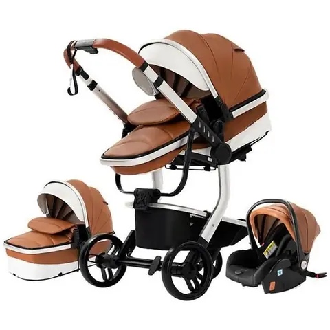 Poussette Bebe Trio Combinée Landreau Reversible Grand Luxe en Cuir PU Hyper Confort Cadre Haut Alu Robuste et Leger Design Marron