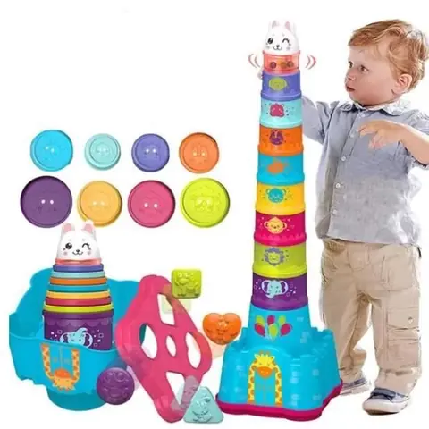 Jouet - Bebe - Cubes empilables - 8 tasses colorées - 4 blocs géométriques - Mixte