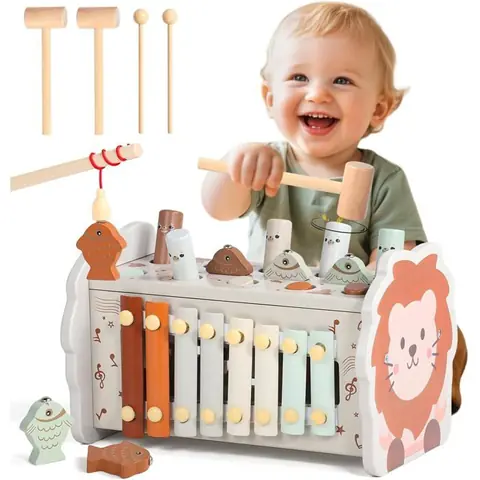 Jouet Montessori 4 en 1 - SWROSE -4 en 1 pour Bébé 1 an Xylophone Pêche Tape-Taupe - Cadeau Éducatif