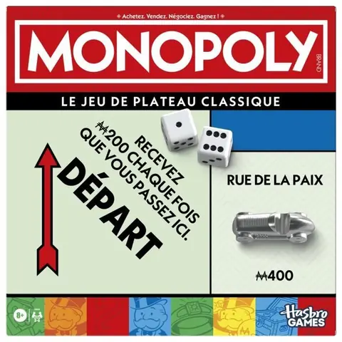 Monopoly classique jeu de société de plateau avec boîte de rangement et pions grand format 2 à 6 joueurs version FR dès 8 ans