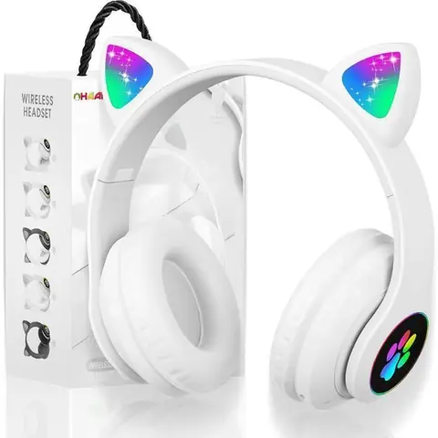 TECHTA – Casque Bluetooth Enfant Sans Fil Pliable avec Oreilles de Chat LED Microphone Intégré Mode Filaire – Blanc