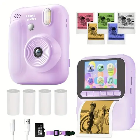 5-en-1 Appareil Photo Enfants-Impression Instantanée-48MP/1080P 2.4 écran-4 rouleaux de papier photo-Double caméra-Violet