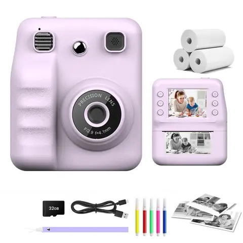 Appareil Photo Instantané 2.4 Écran Caméra Enfant avec Papier dimpression et Carte 32GB Cadeau Jouet pour Enfant Violet