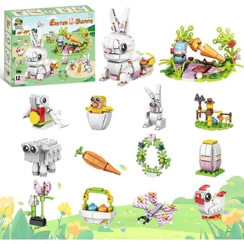 Jouet Mini Briques Lapin – Kit de Construction 12 Paquets 2 Modèles Lapin & Jardin Jouet Créatif Enfant 3+ multi JEU DASSEMBLAGE