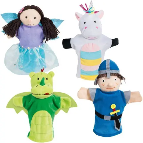 Set de 4 marionnettes à main - ROBA - Fée enchanteresse Licorne en peluche Dragon et Fier chevalier - Vert / Bleu / Turquoise