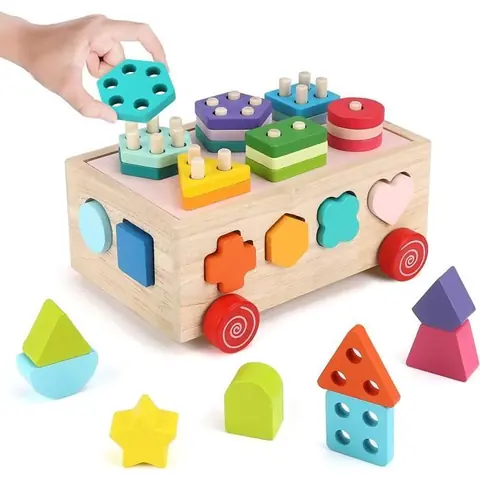 Jeu Cube en Bois - Planche D’Empilage Et De Tri - Jouet Montessori Bébé - Apprentissage Forme et Couleur - A129