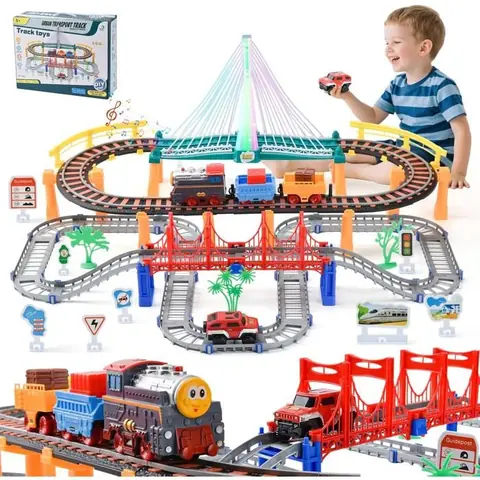 Circuit Voiture Train Électrique 2 en 1 - PIMPIMSKY - Circuit de train pour enfants avec sons et lumières -113 pièces -Pour 3-8 Ans
