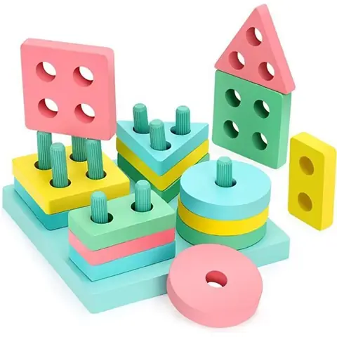 Jouet en bois - Empilage Montessori - Formes colorées - Convient aux bébés de 1 an - Dimensions 125x125x58 cm