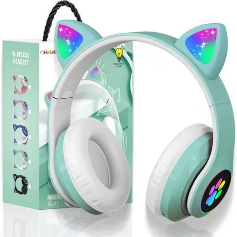 TECHTA Casque Bluetooth pour Enfants sans FilCasque Cat Pliable avec LED Flash Lumières Glow Enfants Bluetooth avec Micro - Vert