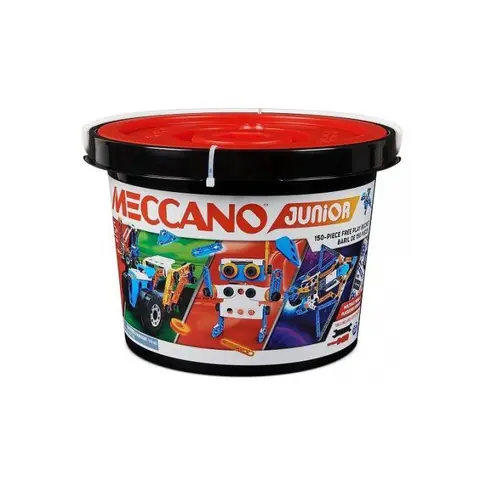 Seau Baril construction multi modeles Meccano Junior 5 ans - 150 pieces 2 outils - Vehicules Robot - Set Jouet steam et carte