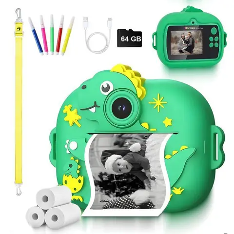 Appareil Photo Jouet Instantané Enfants 2.4 Écran Appareil Photo Enfant Papier dImpression et Carte 64GB Stylos Colorés Vert