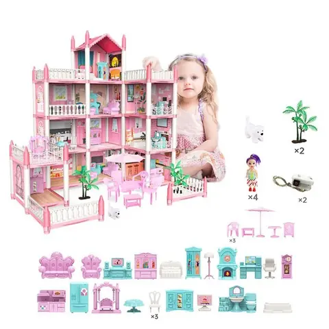 Maison de poupée - PIMPIMSKY - Maison de poupée rose - Inclus poupée - À monter soi-même - Pour filles 5-12 ans
