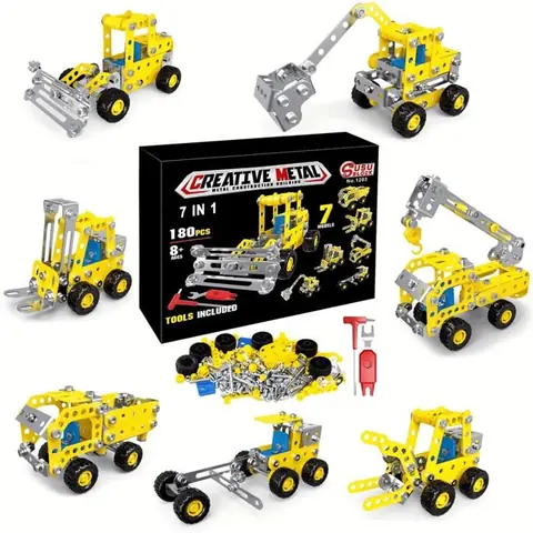 Kit de Construction métallique - Véhicule de Chantier avec 180 pièces 7 modèles de Puzzles métalliques en 3D Cadeaux pour Enfants