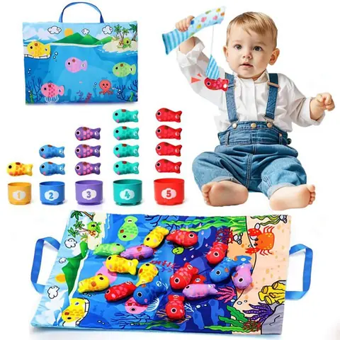 Jeu de Pêche Montessori Bébé 1–3 Ans – Canne à Pêche 15 Poissons Seaux Empilables & Tapis Océan – Jouet Éducatif Enfant