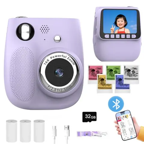 Appareil photo enfant-Impression couleur instantanée - HD 2.4 Pouces-Connexion Bluetooth-Jeu-Jouet Fille 3 4 5 6 Ans -Violet