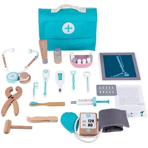 Jouet de docteur pour enfants - Coffre à jouets de dentiste en bois - 18 pièces - Mixte - Enfant - Bleu