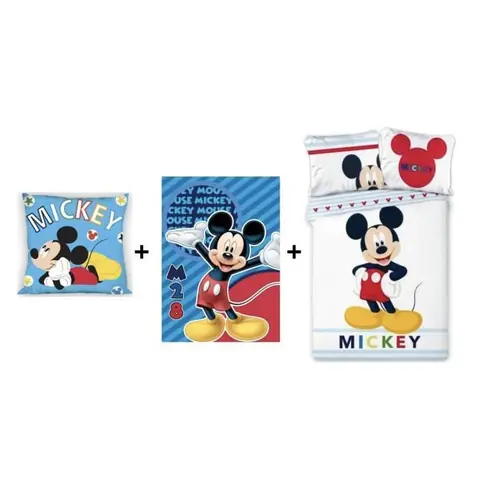 Parure de couette - Disney - Mickey - 140 x 200 cm - Coussin 35 x 35 cm - Plaid 100 x 140 cm
