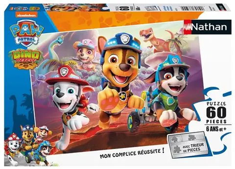 PAT'PATROUILLE Puzzle 60 pièces - A la rescousse des dinosaures - Nathan - Puzzle Enfant + Trieur - Dès 6 ans