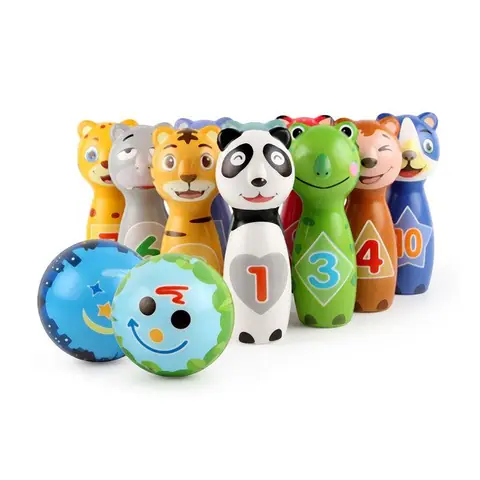 Jeu de quilles Relaxdays pour enfants 10 quilles 2 boules animaux dès 3 ans intérieur et extérieur set de bowling.