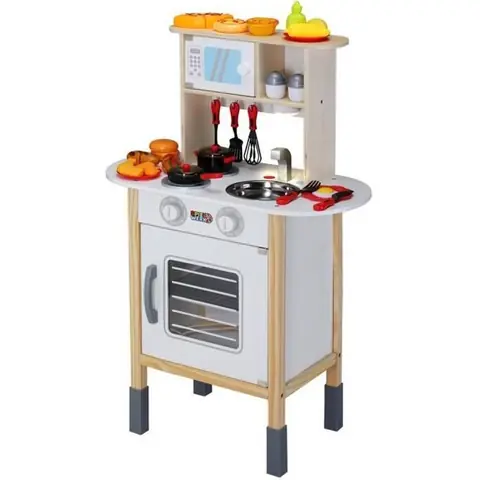 Cuisine pour enfants bois 57x295x77/83cm dinette cuisinière réglable hauteur 35 accessoires jeu éducatif enfant jouet d’imitation