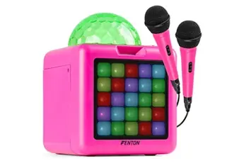 KAR15P Enceinte Karaoké Enfant Bluetooth sur Batterie avec 2 Micros - Rose, Boule Disco & Façade LED