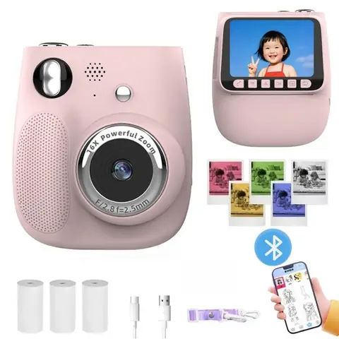 Appareil photo instantané-Impression couleur instantanée - HD 2.4 Pouces-Connexion Bluetooth-Jeu-Jouet Fille 3 4 5 6 Ans -Rose