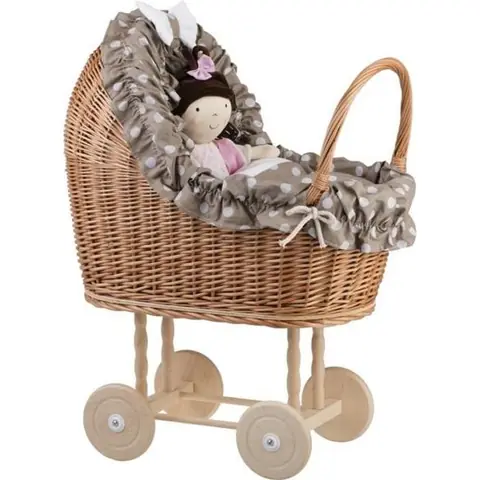 Poussette Landau en osier beige pour poupée jusquà 35 cm avec roues en bois