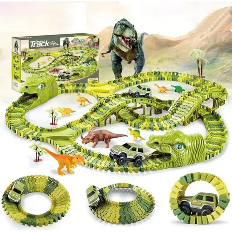 Circuit Voiture Enfant Dinosaure Jouet Dinosaure Créatif Piste de Voiture Verte avec 240 Pièces Cadeau pour Filles et Garçons