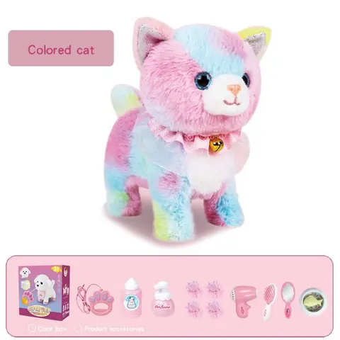 Peluche Chat Multicolore avec Accessoires de Soin Complets pour Enfant 3 ans+ Peluche Douce Collier et Sèche-Cheveux Jouet pour