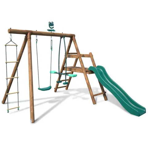 Portique en bois rond 3 agrès avec face à face échelle et toboggan bas MÛRIER