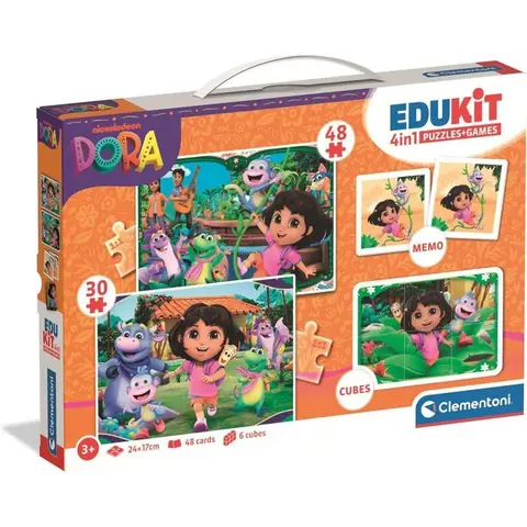 CLEMENTONI - Edukit 4 en 1 - Dora - Puzzle Mémo Cubes - Apprentissage Préscolaire Ludique - Idée Cadeau pour Enfants