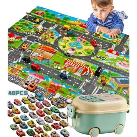 15pcs Jouet pour enfants - Lot de 40 mini voitures - Tapis de jeu - Multicolore - 51.18 x 39.37