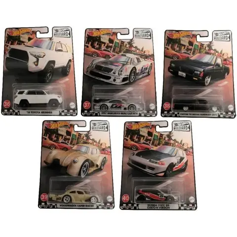 Mattel GJT68 Hot Wheels Premium Set de 5 Real Riders Boulevard Toyota Mercedes Nissan VW Beetle Honda modèles de véhicules