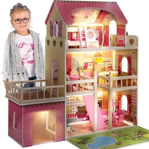 Maison de poupée - Kinderplay - Grande Maison En Bois - 90 cm - Éclairage LED - 9 pièces