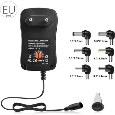 Alimentation universelle 3/45/5/6/75/9 et 12 V AC/DC  6 prises  Adaptateur de voyage avec port USB 5V 2.1A