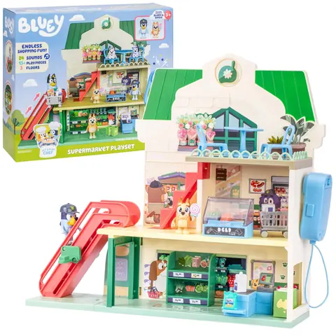 Bluey Grand SET de jeu SUPERMARCHÉ interactif figurines pour enfants ÉLÉMENTS MOBILES 3+