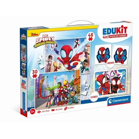 Clementoni - Edukit - Spidey -Coffret apprentissage 4 en 1 - 2 puzzles 1 mémo 1 jeu de 6 cubes - Fabriqué en Italie - Dés 4ans