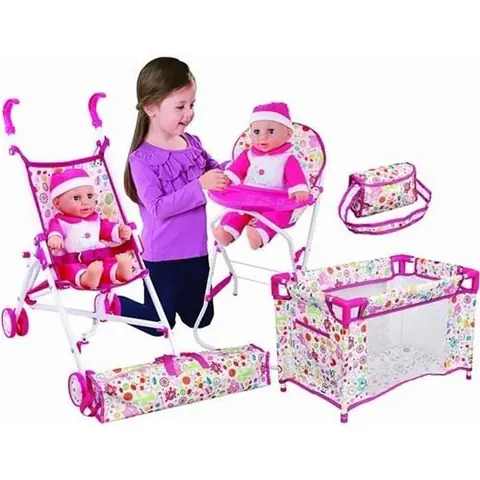 Set Poupon - ME SUPERSTARS - 4 Accessoires - Poussette Canne - Chaise Haute - Lit Parapluie
