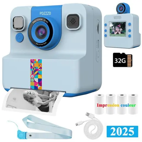 Appareil Photo pour Enfants 2400W Nouveau Style 2025 Impression Couleur Instantanée Jouet Fille 3 4 5 6 Ans HD 2.4 Pouces-Bleu