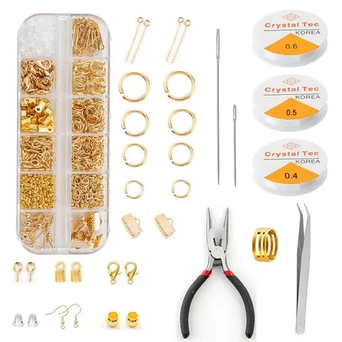 Kit pro création/réparation bijoux-50 accessoires (pinces fils perles)-Pour colliers/boucles doreilles-Débutants & experts-Doré