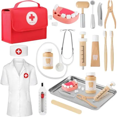 Malette Docteur Enfant Médecin Jouet Bois avec stéthoscope Mallette de DentisteBlouse de Docteurpour Filles garçons 3 4 5 Ans