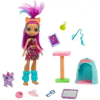 CAVE CLUB Coffret Histoire des Cavernes Poupée Roaralai 20 cm avec son bébé tigre à dents de sabre Ferrell