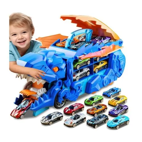 Camion de transport - Jouet dinosaure - Pour garçons 3-7 ans - Inclus 12 véhicules - Intérieur