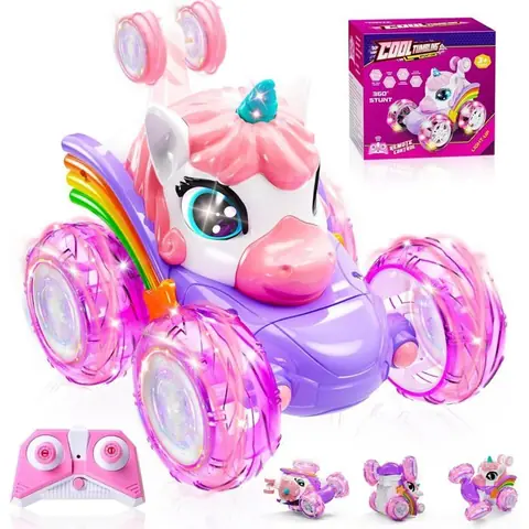 Voiture Télécommandée Enfant Rose Licorne Jouet 360°Rotation Camion Cascadeuse avec Lumière LED Cadeau po VEHICULE RADIOCOMMANDE