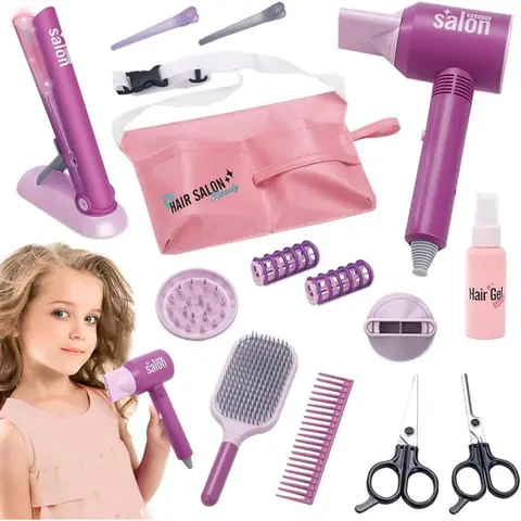 Kit de coiffure - 14 pièces - Sèche-cheveux réaliste - Lisseur lumineux - Cadeau pour fille 3 ans