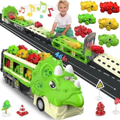 Dinosaure Jouet Camion de Transporteur Jouet avec Sons 6 Voitures de Dino et 12 Panneaux de Signalisation pour Enfants de 3 à 7 Ans