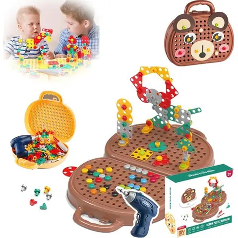 Boîte à outils Montessori jouet créatif avec forets adaptée aux enfants de 3 à 12 ans (avec boîte de rangement)