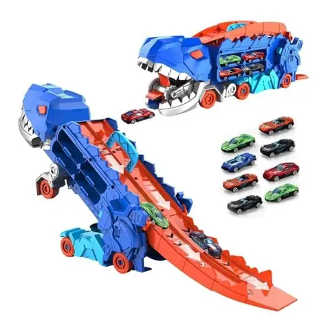 Camion de Transport de Dinosaures - Jouet Camion de Transport - 8 Voitures - Rouge - 3 Ans et Plus