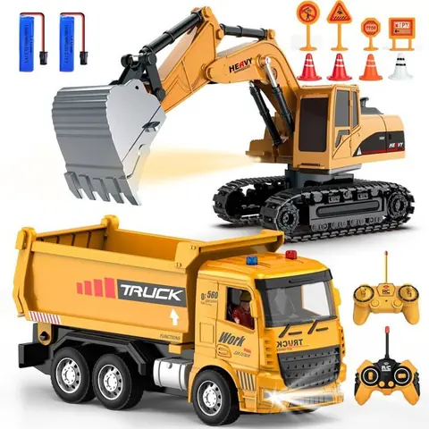 Ensemble de Jouets Pelleteuse et Camion Benne Télécommandés - Véhicules de Construction RC pour Enfants de 3 à 12 Ans